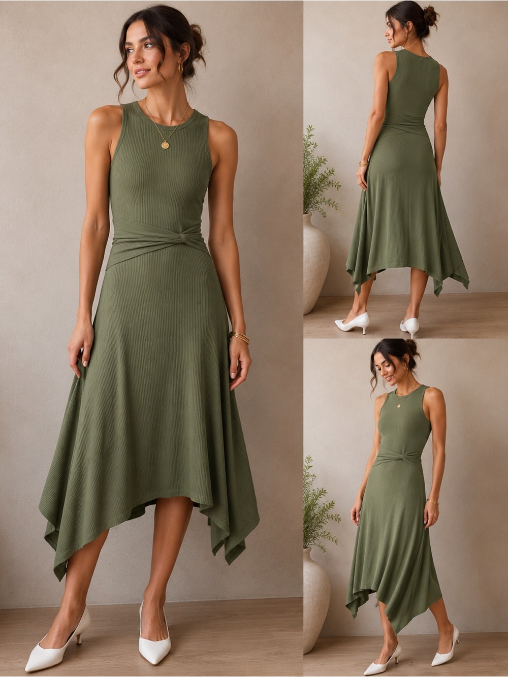 💚ANTHROPOLOGIE kings lover Ribbed Sleeveless Handkerchief Midi Dress olivegreen